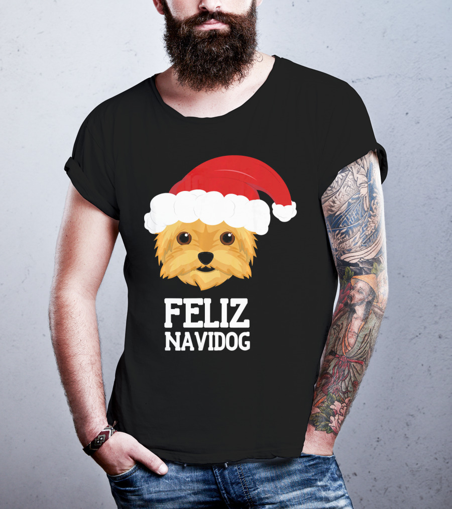 Feliz Navidog Merry Christmas Yorksh Dog Santa Hat T-Shirt