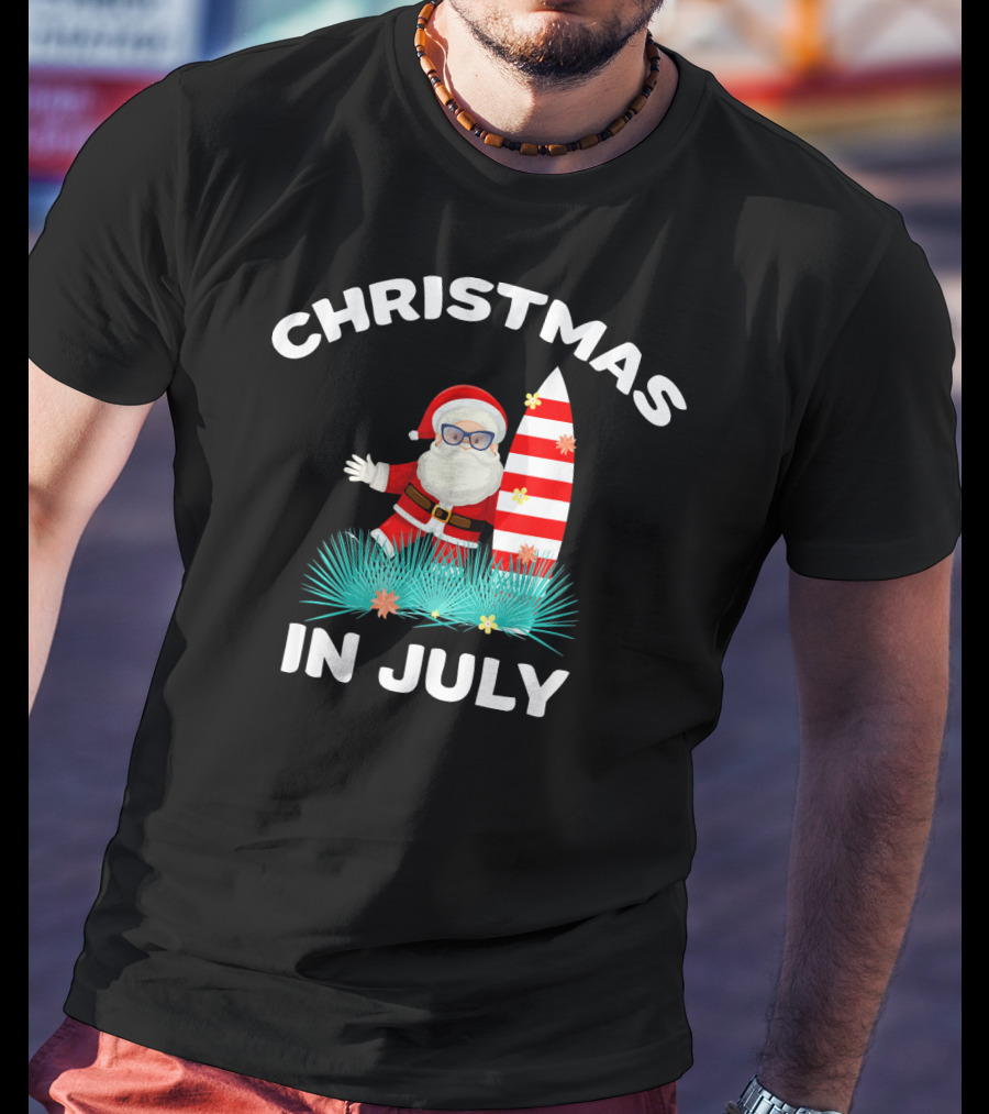 Christmas In July Santa Surfing With Hawaiian Flair T-Shirt