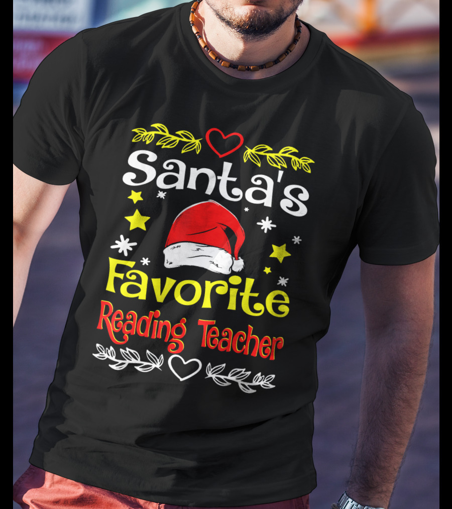 Santa's Favorite Reading Teacher Christmas Hat And Stars T-Shirt