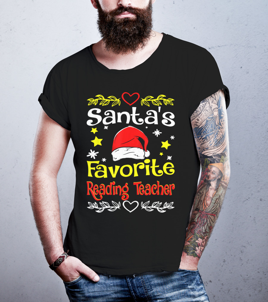 Santa's Favorite Reading Teacher Christmas Hat And Stars T-Shirt