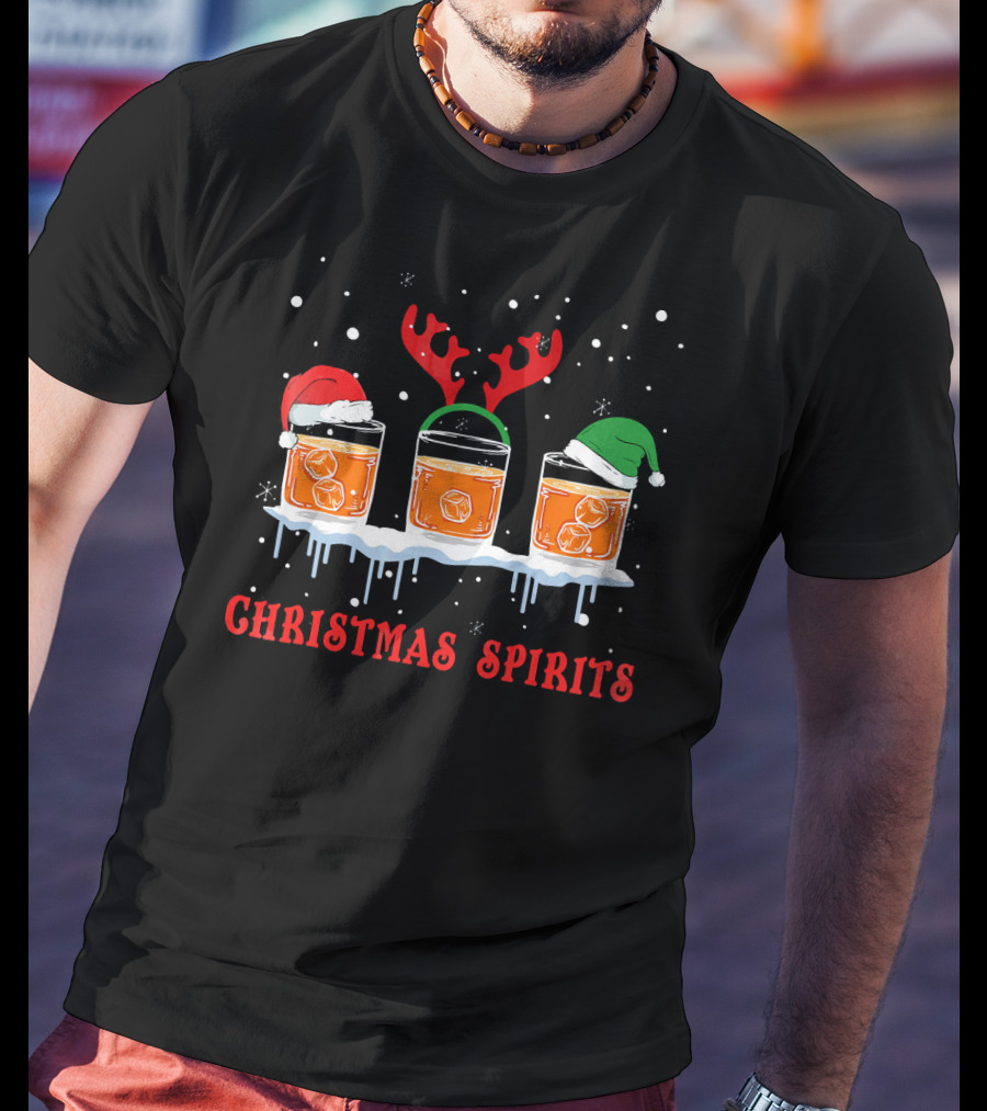 Christmas Spirits Bourbon Scotch Whiskey Santa Hat Reindeer Antlers Elf Hat T-Shirt
