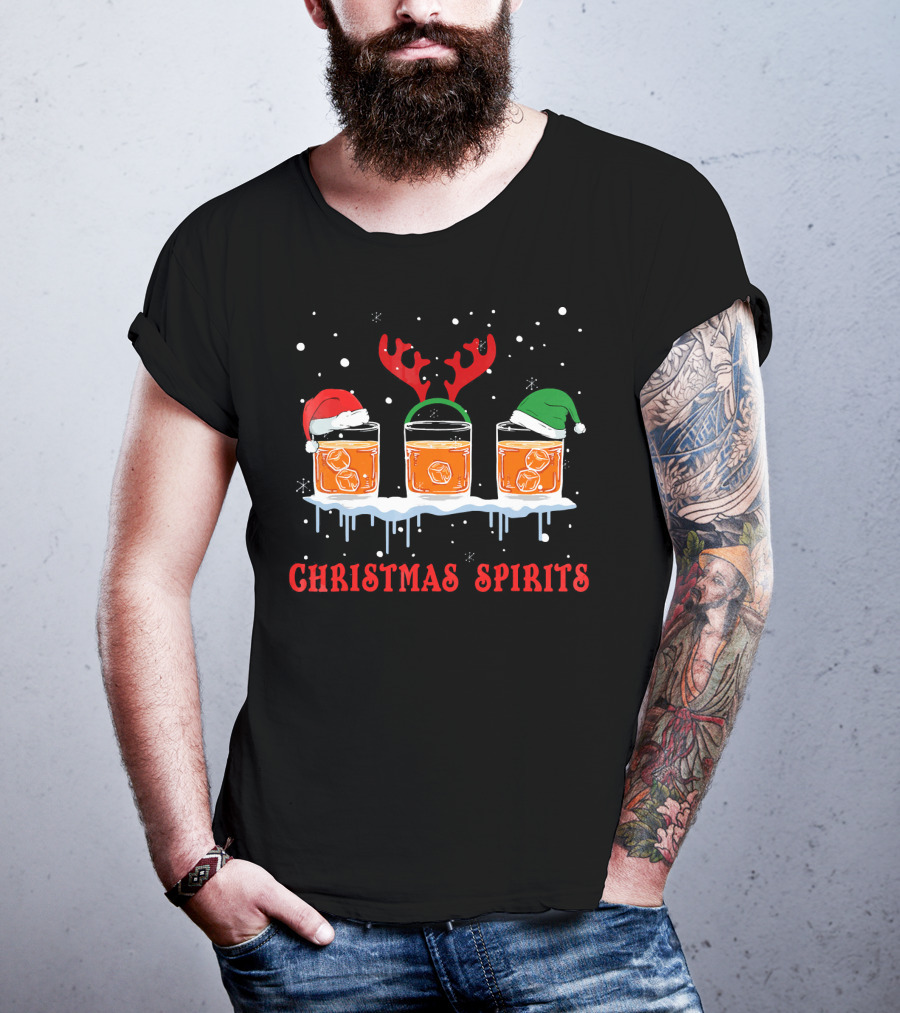 Christmas Spirits Bourbon Scotch Whiskey Santa Hat Reindeer Antlers Elf Hat T-Shirt