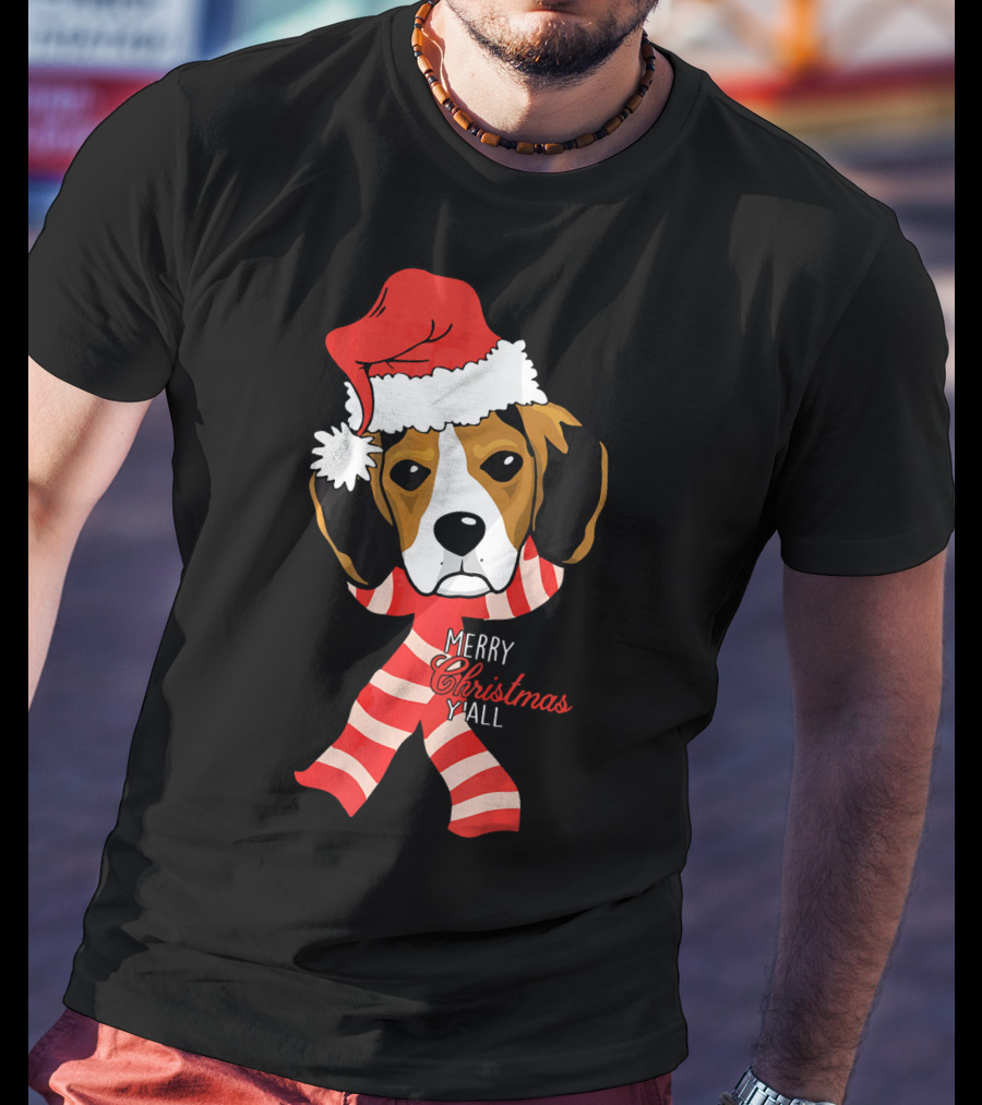 Merry Christmas Y'all Beagle Dog In Santa Hat And Striped Pajamas T-Shirt