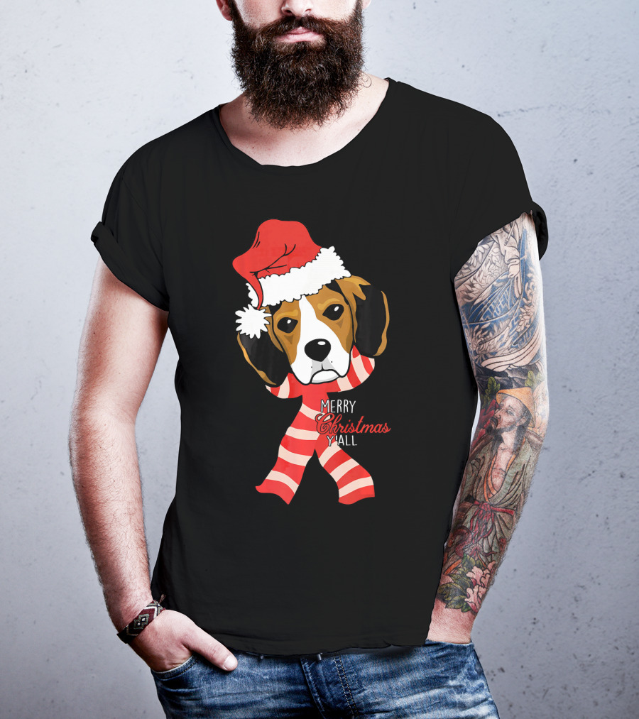 Merry Christmas Y'all Beagle Dog In Santa Hat And Striped Pajamas T-Shirt