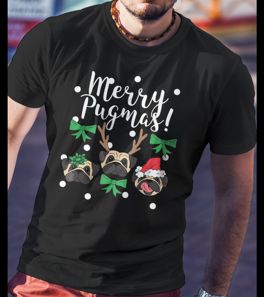 Merry Pugmas Pug Dogs With Christmas Antlers Santa Hat Bows And Snowflakes T-Shirt