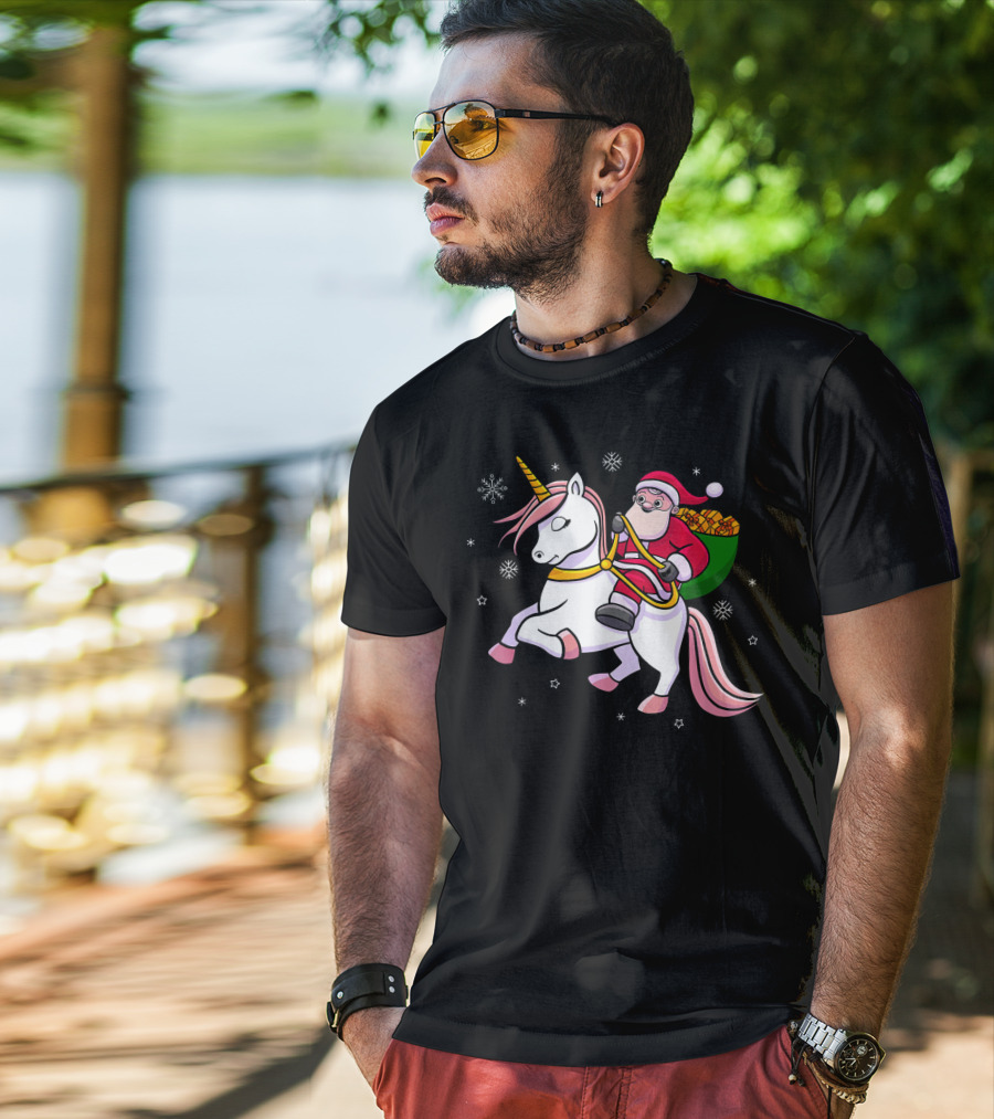 Santa Riding Unicorn With Presents For Cute Girls T-Shirt