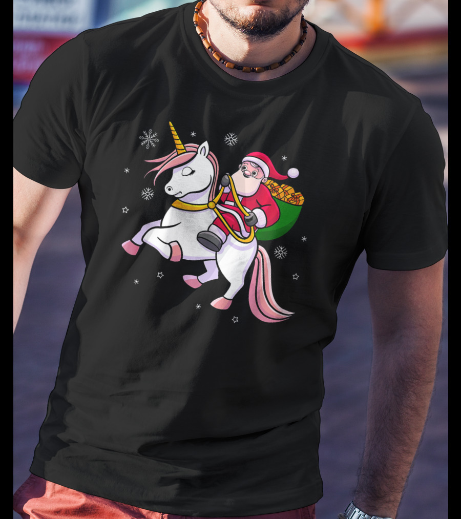 Santa Riding Unicorn With Presents For Cute Girls T-Shirt