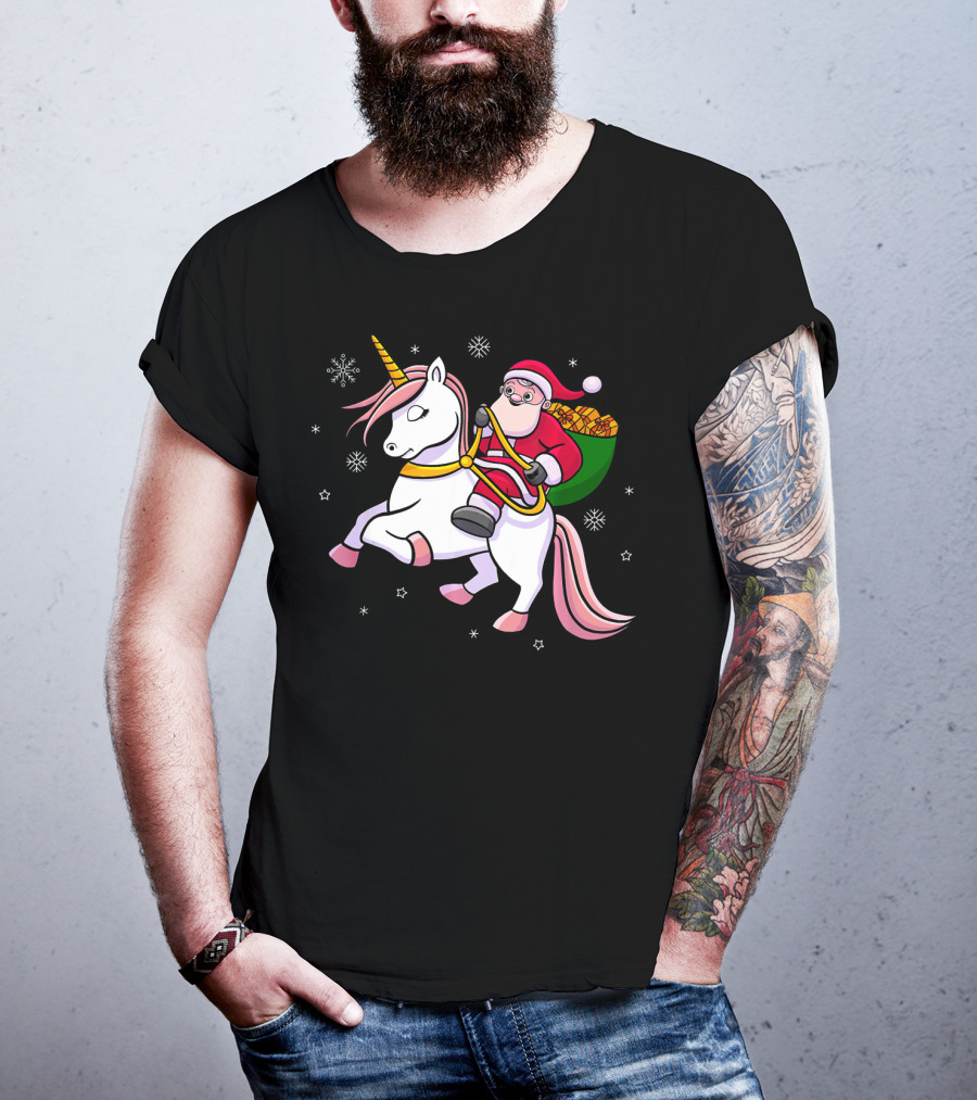 Santa Riding Unicorn With Presents For Cute Girls T-Shirt