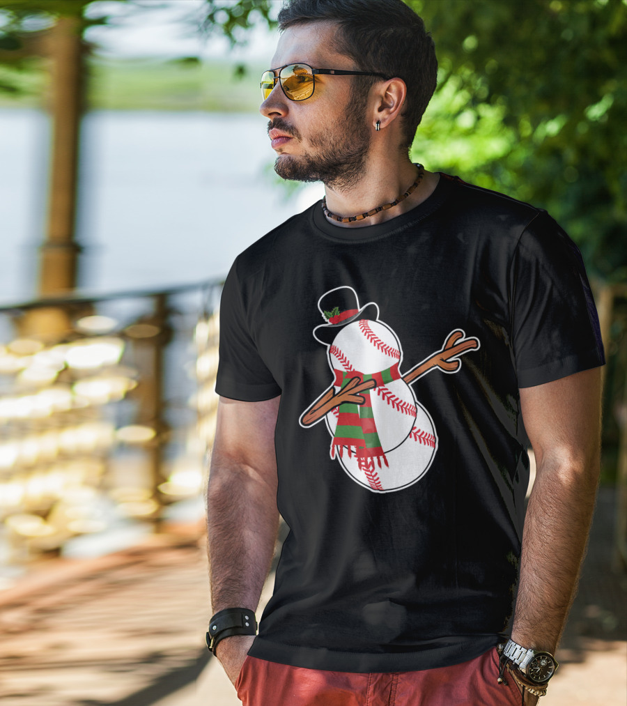Dabbing Baseball Snowman In Top Hat With Festive Scarf T-Shirt