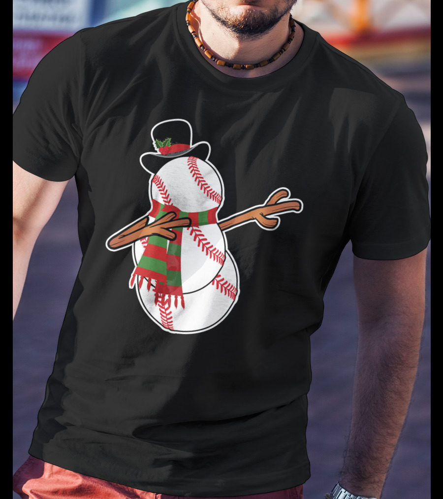 Dabbing Baseball Snowman In Top Hat With Festive Scarf T-Shirt