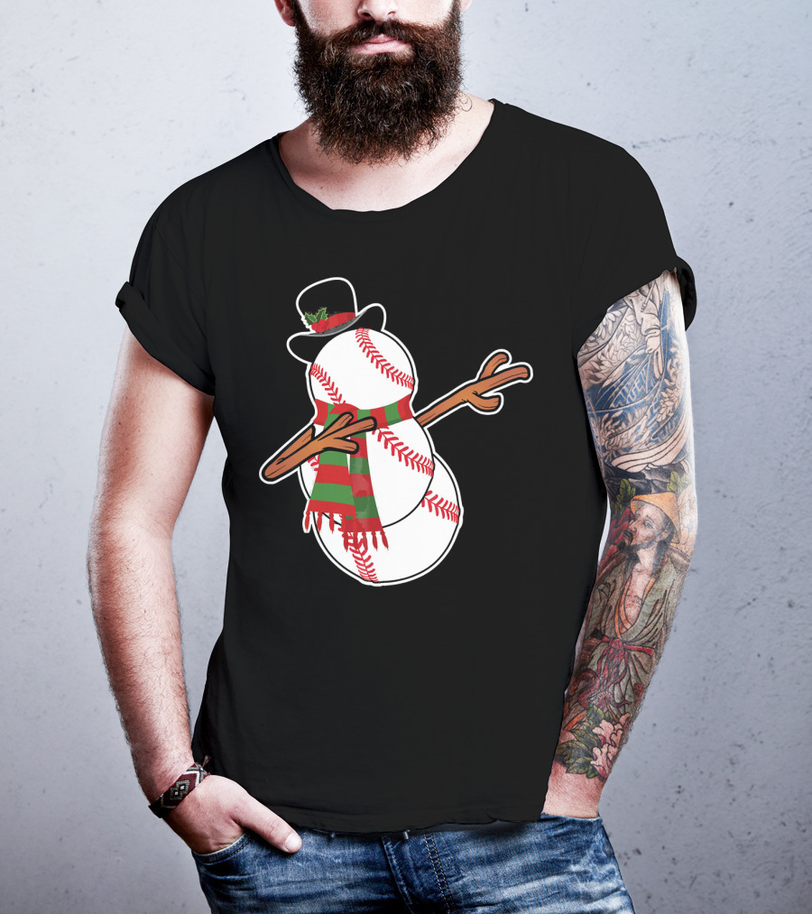 Dabbing Baseball Snowman In Top Hat With Festive Scarf T-Shirt