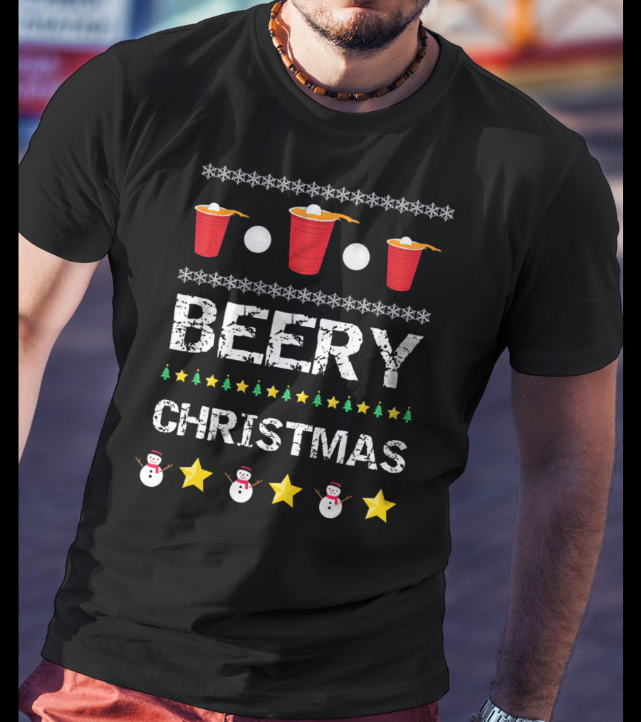 Beery Christmas Beer Pong Snowflakes Stars And Snowmen T-Shirt