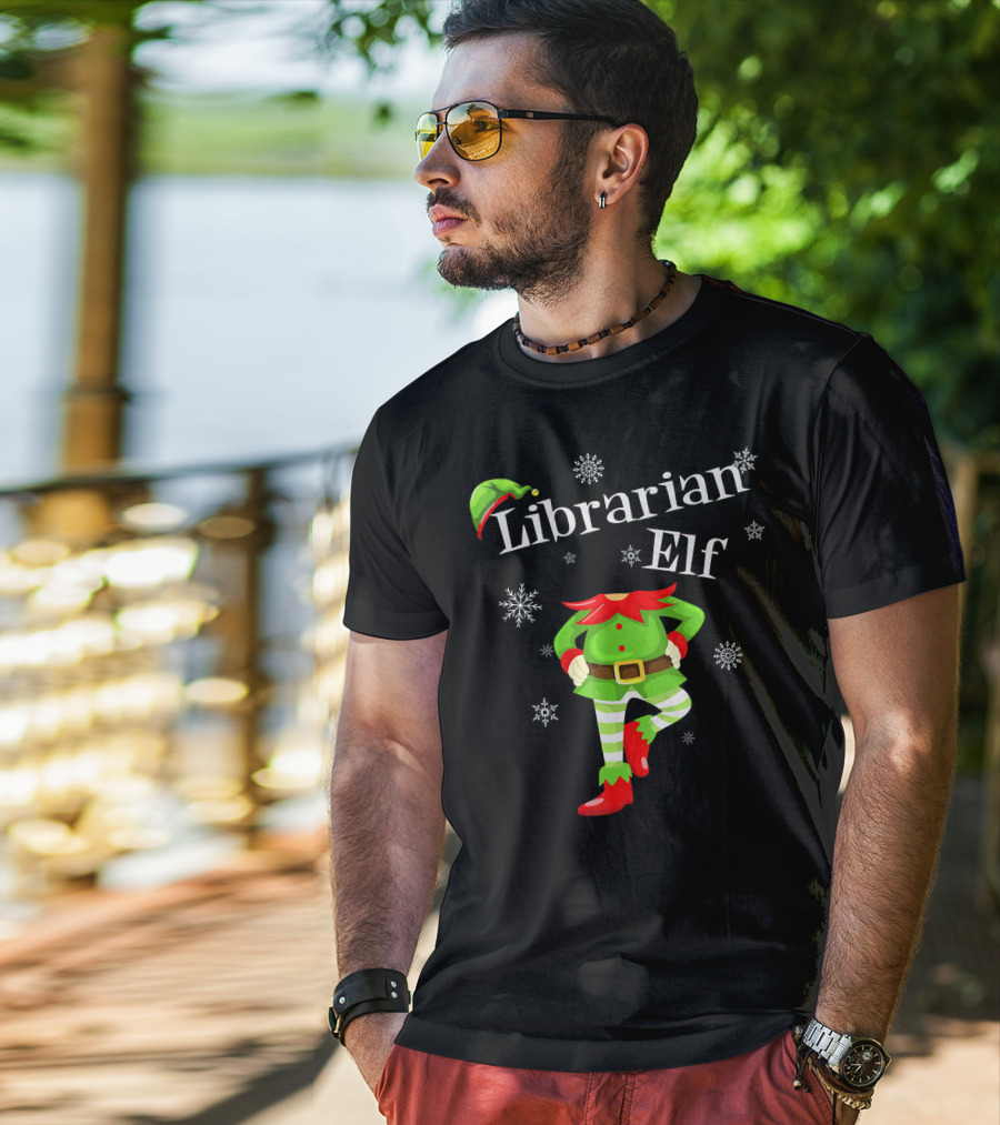 Librarian Elf In Green Outfit With Snowflakes And Red Hat T-Shirt