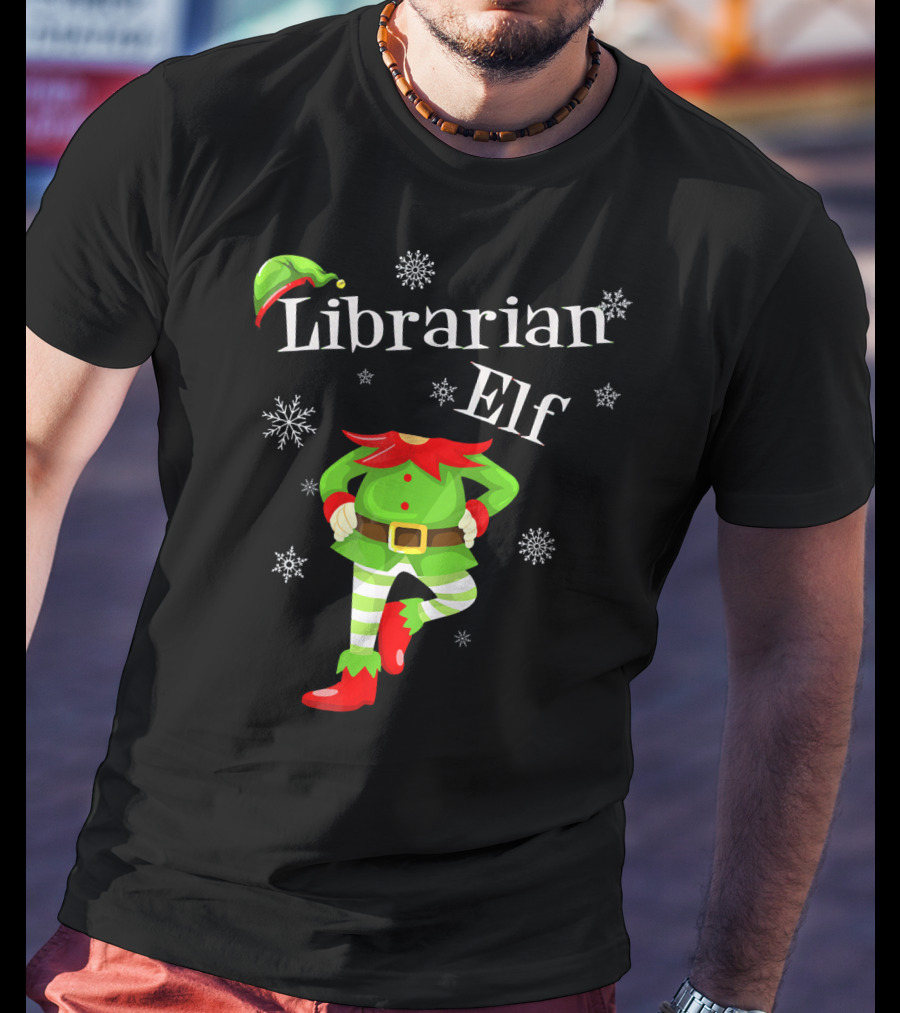 Librarian Elf In Green Outfit With Snowflakes And Red Hat T-Shirt