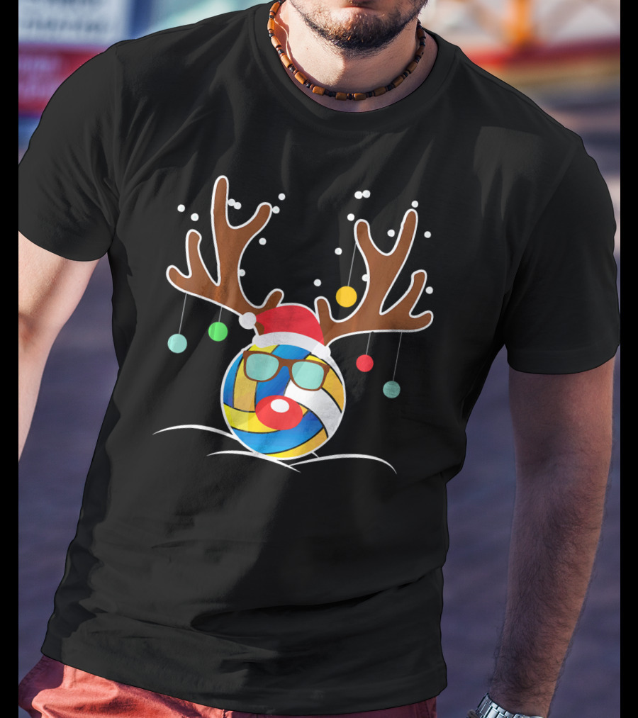 Volleyball Christmas Funny Reindeer Santa Hat Antlers Sunglasses Holiday Ornaments T-Shirt