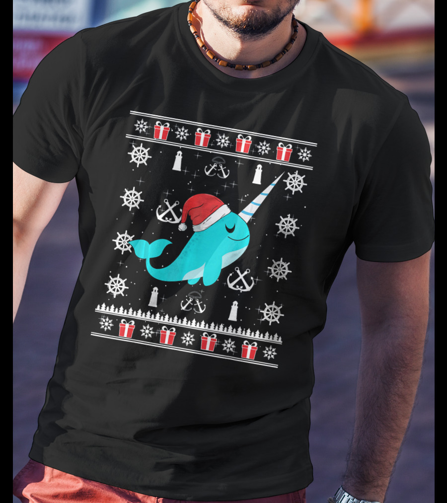 Narwhals Christmas Style With Santa Hat Anchors And Snowflakes T-Shirt