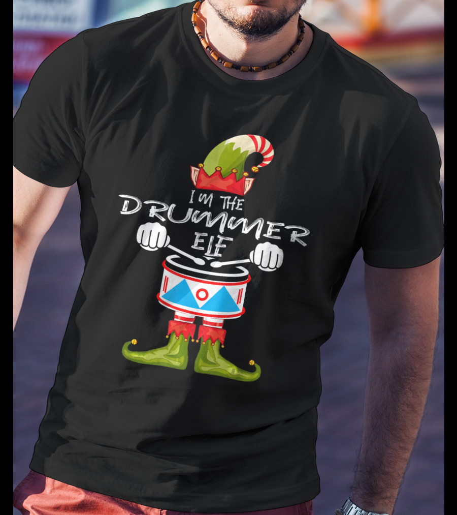 I'M THE DRUMMER ELF Christmas Hat Striped Candy Cane Elf Boots Drumsticks T-Shirt