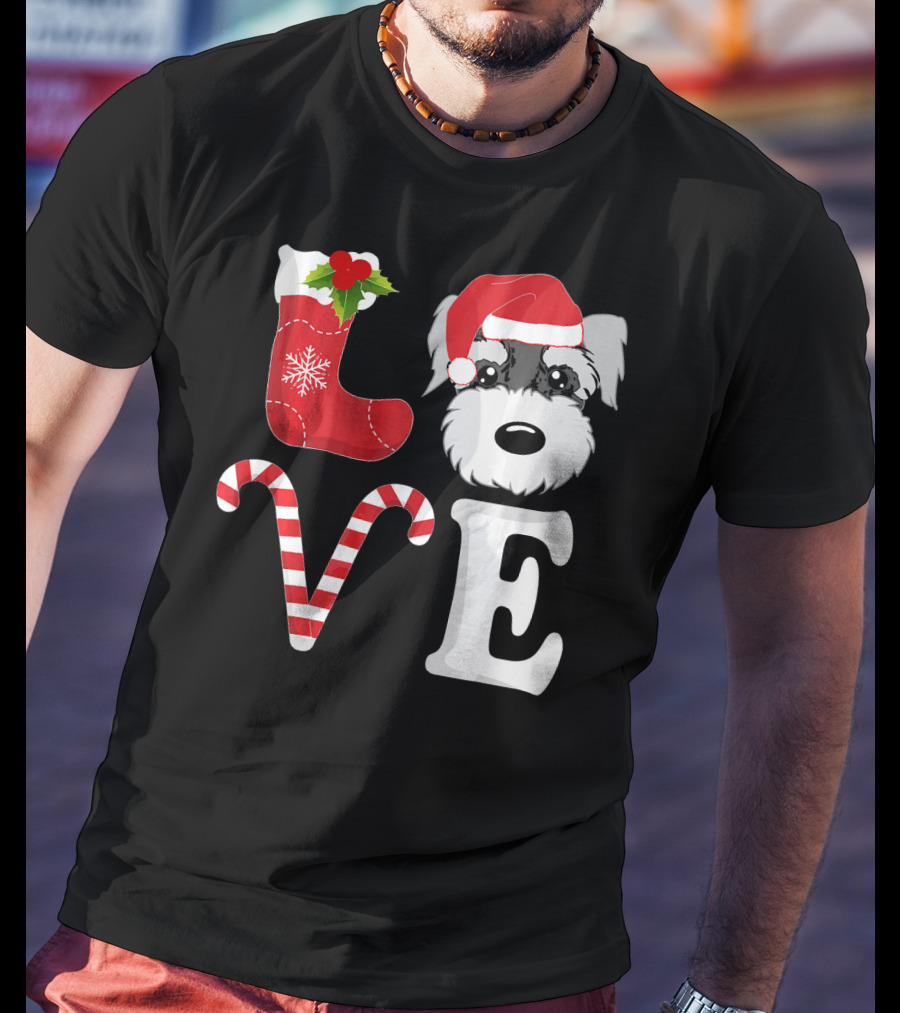 LOVE Miniature Schnauzer Santa Christmas Candy Cane T-Shirt
