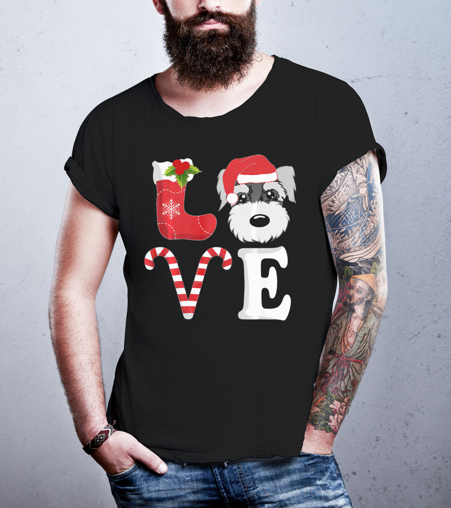 LOVE Miniature Schnauzer Santa Christmas Candy Cane T-Shirt