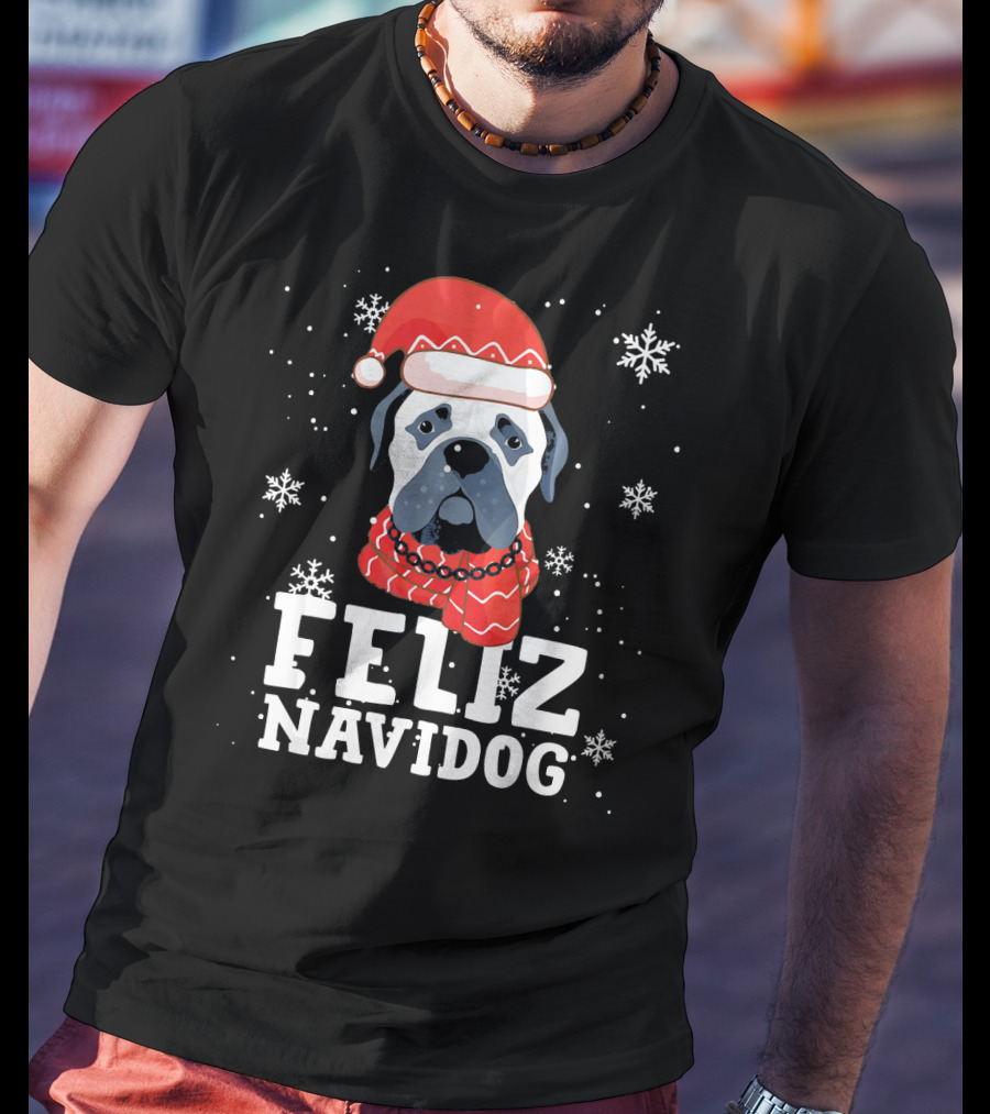 Feliz Navidog Bullmastiff Dog Christmas Santa Hat Snowflakes T-Shirt