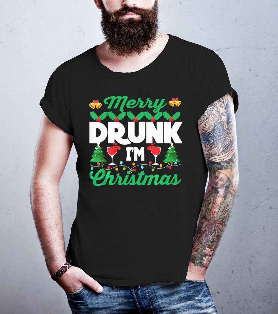 Merry Drunk I'm Christmas Wine Bells Lights Trees T-Shirt