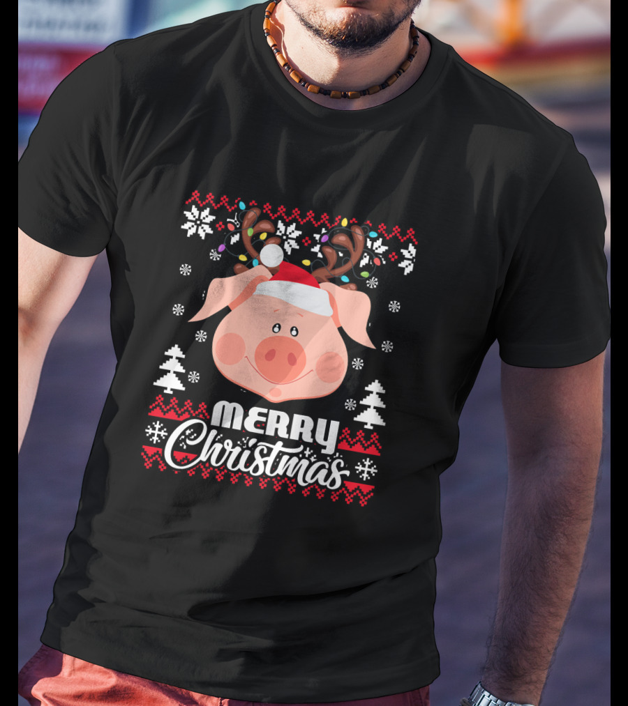 Merry Christmas Pig Santa Hat Antler Ugly T-Shirt