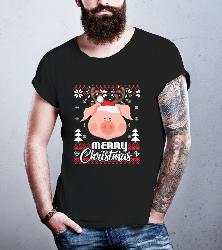 Merry Christmas Pig Santa Hat Antler Ugly T-Shirt