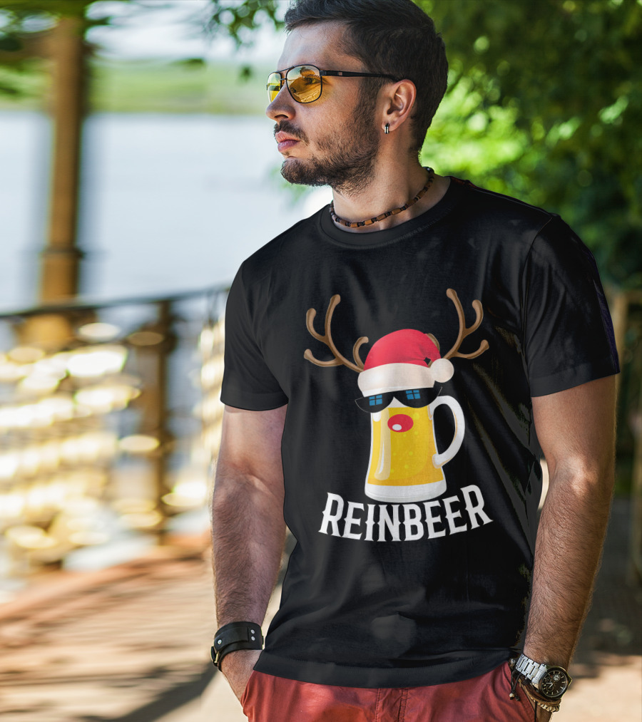 Reindeer Beer Christmas Funny Drinking Reinbeer Santa Hat T-Shirt