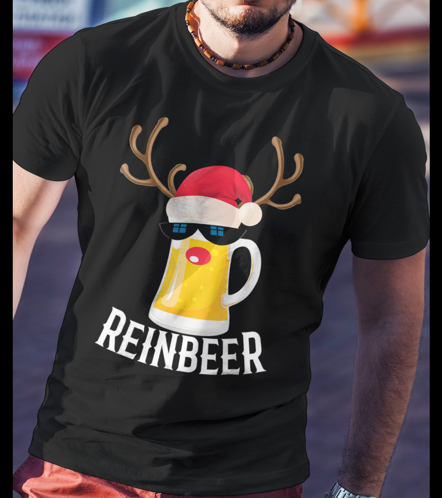 Reindeer Beer Christmas Funny Drinking Reinbeer Santa Hat T-Shirt