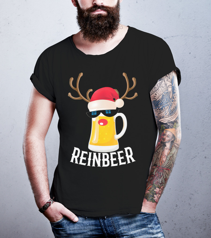 Reindeer Beer Christmas Funny Drinking Reinbeer Santa Hat T-Shirt