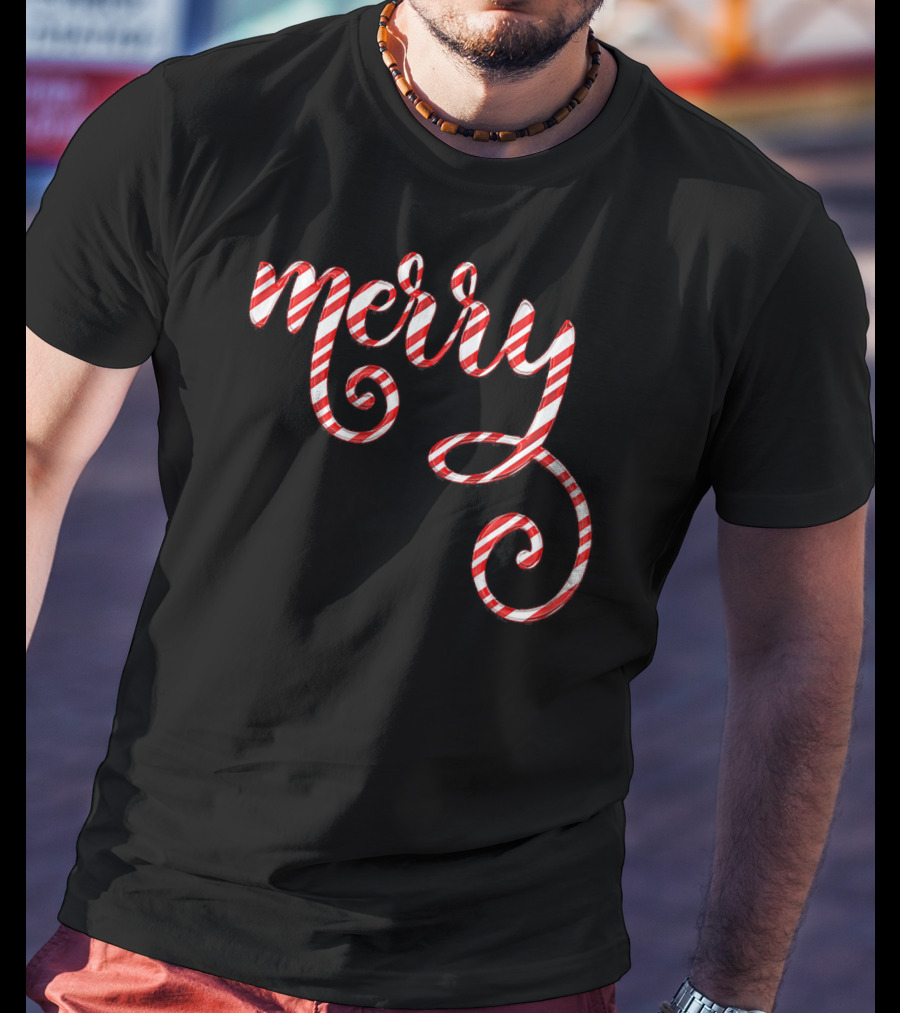 Merry Christmas Script Candy Cane Stripes T-Shirt