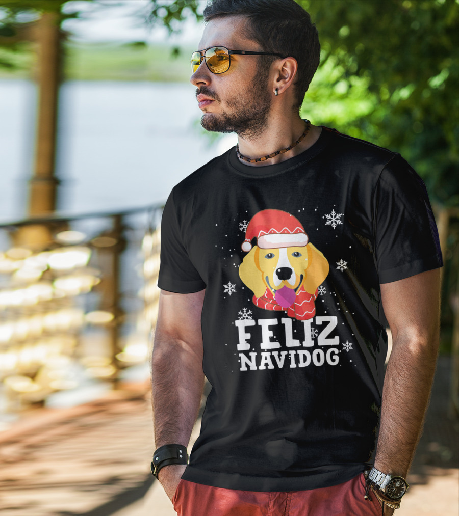 Feliz Navidog Beagle Dog Funny Christmas Snowflakes Santa Hat T-Shirt