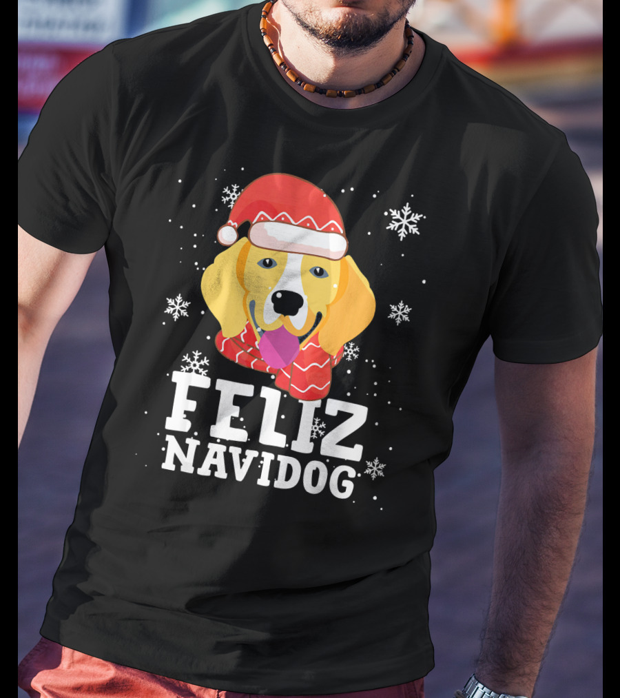 Feliz Navidog Beagle Dog Funny Christmas Snowflakes Santa Hat T-Shirt