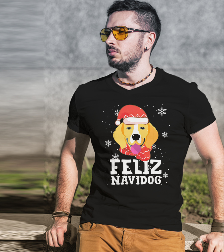 Feliz Navidog Beagle Dog Funny Christmas Snowflakes Santa Hat T-Shirt