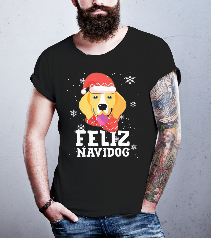 Feliz Navidog Beagle Dog Funny Christmas Snowflakes Santa Hat T-Shirt
