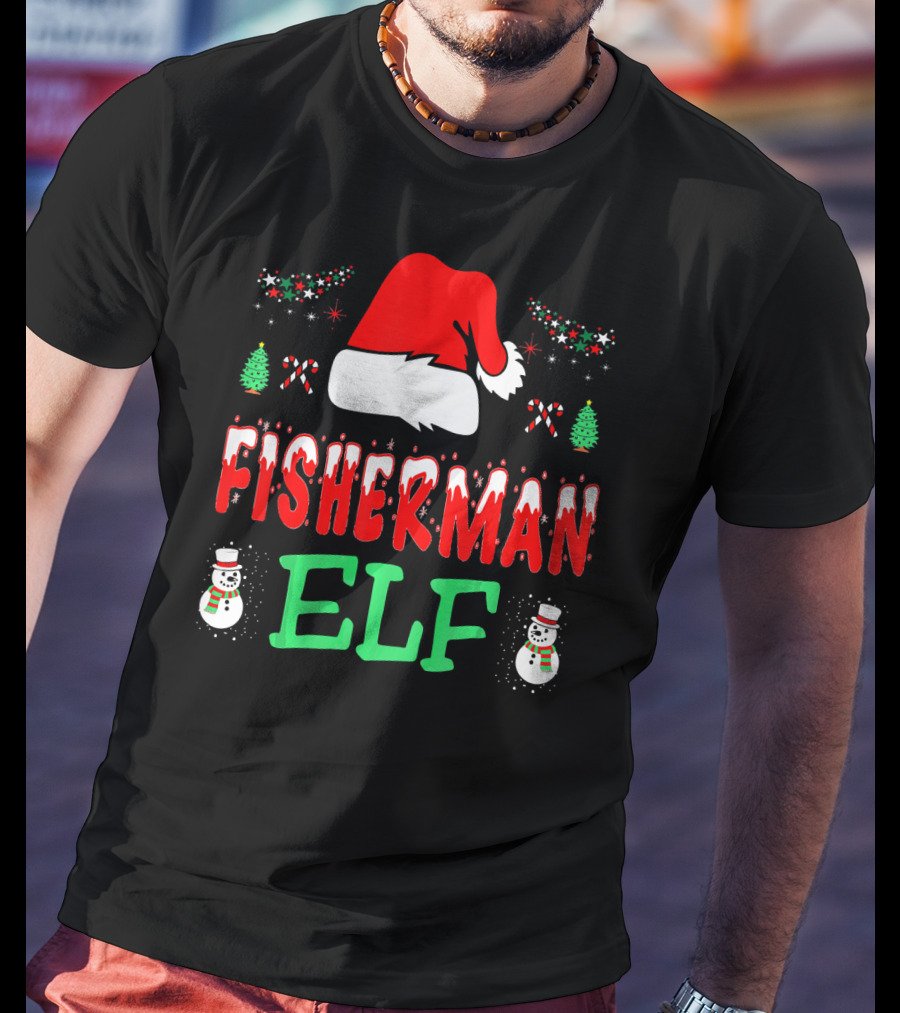 Fisherman Elf Christmas Snowman Santa Hat Candy Cane T-Shirt