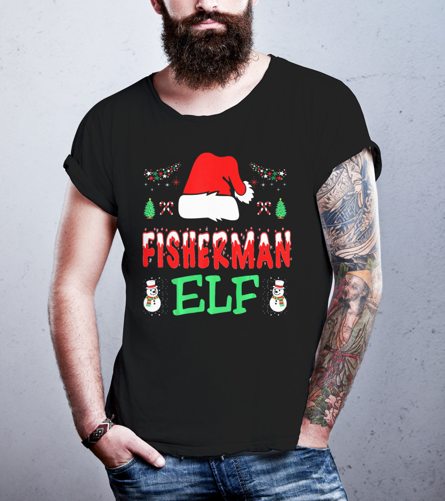 Fisherman Elf Christmas Snowman Santa Hat Candy Cane T-Shirt