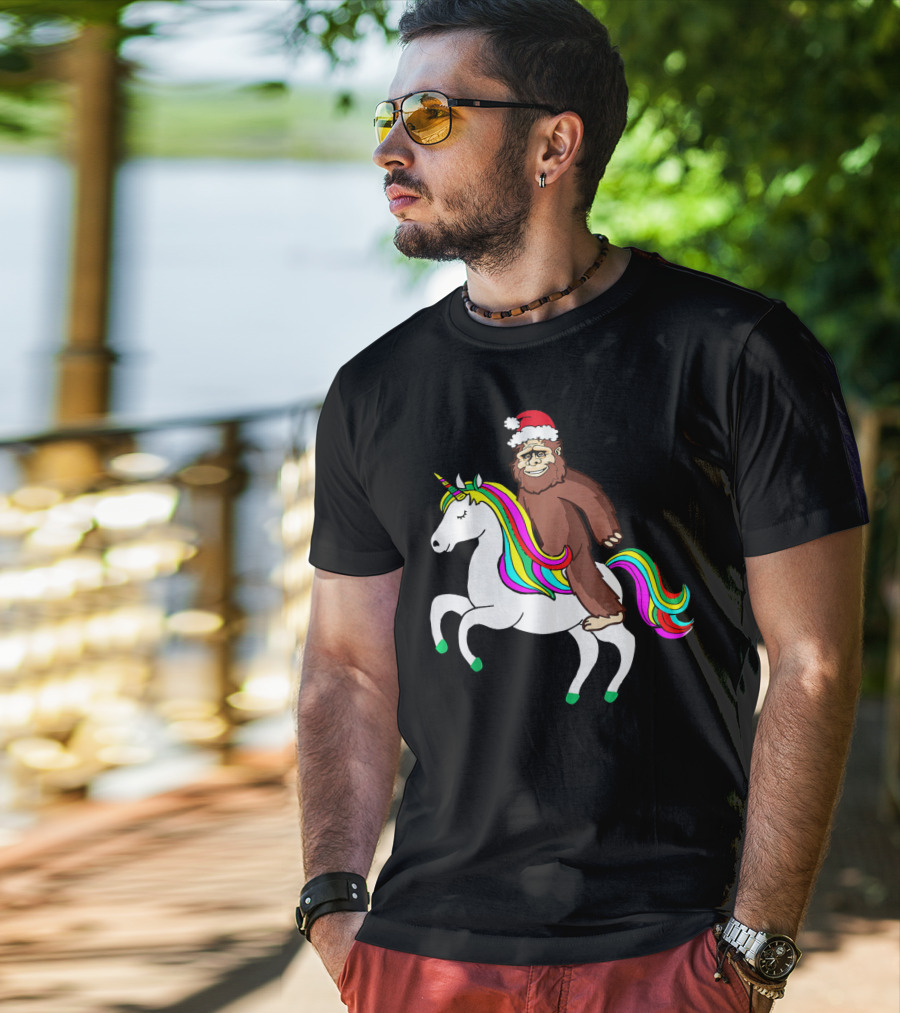 Bigfool Riding Unicorn With Santa Hat Rainbow Mane T-Shirt