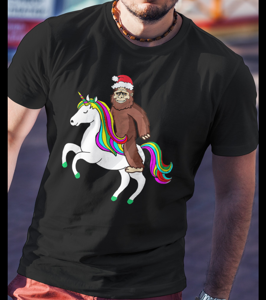 Bigfool Riding Unicorn With Santa Hat Rainbow Mane T-Shirt