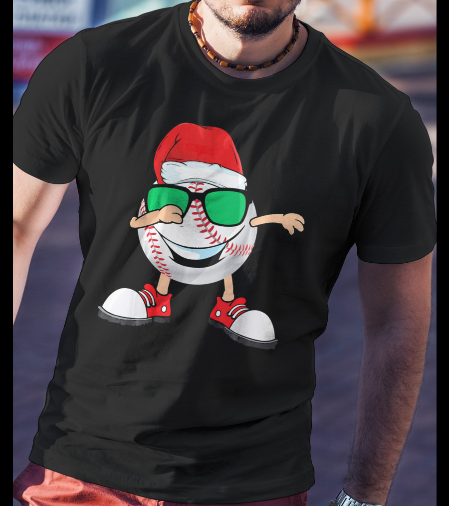 Dabbing Baseball With Santa Hat And Sunglasses T-Shirt