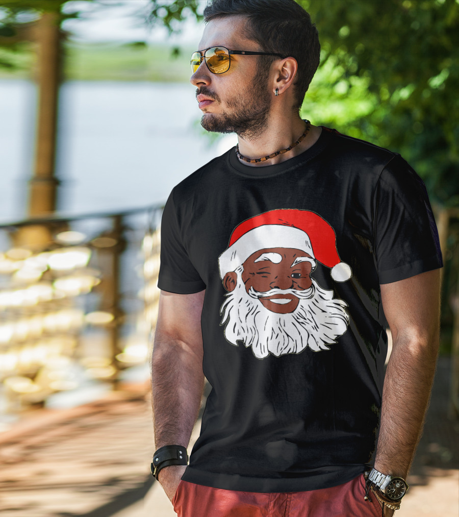 Black Santa Claus Winking In Red Hat T-Shirt