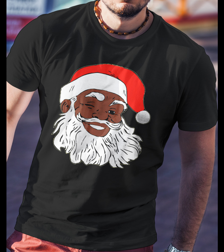 Black Santa Claus Winking In Red Hat T-Shirt