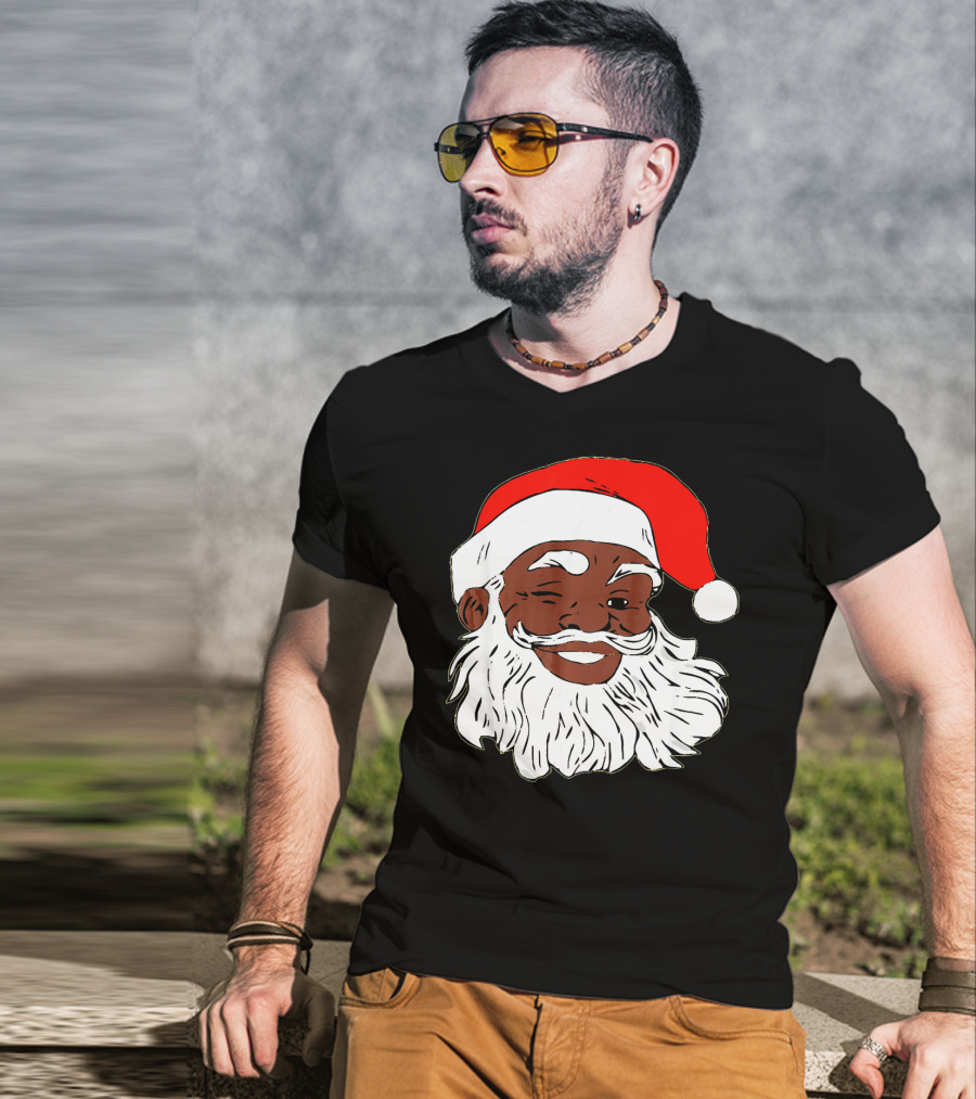 Black Santa Claus Winking In Red Hat T-Shirt