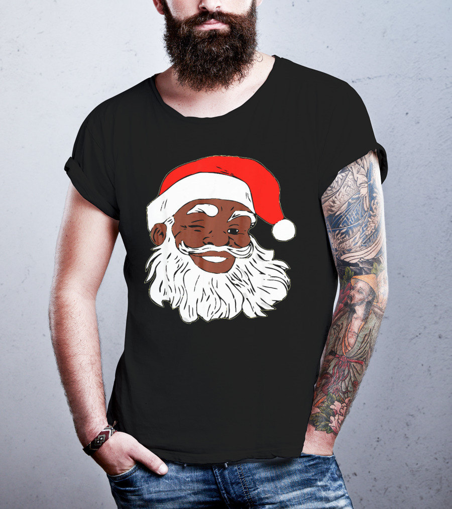 Black Santa Claus Winking In Red Hat T-Shirt