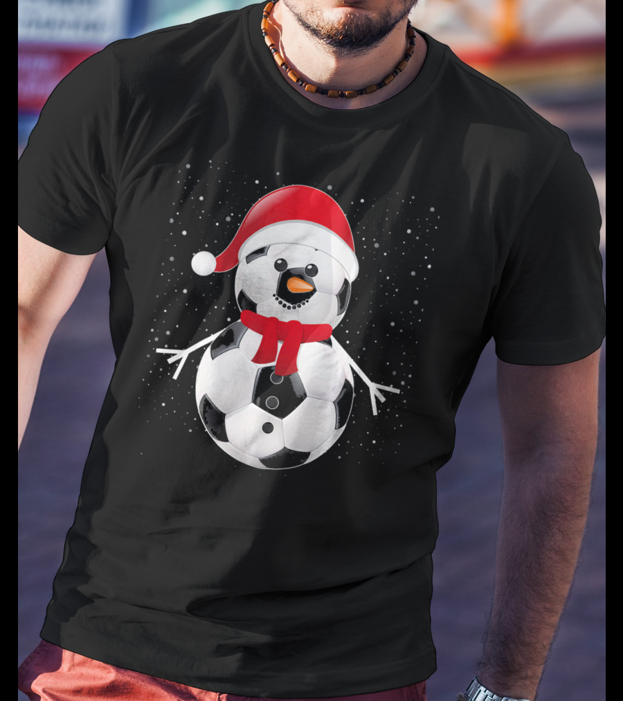 Soccer Football Snowman Santa Hat Scarf Holiday Winter Snowflakes T-Shirt