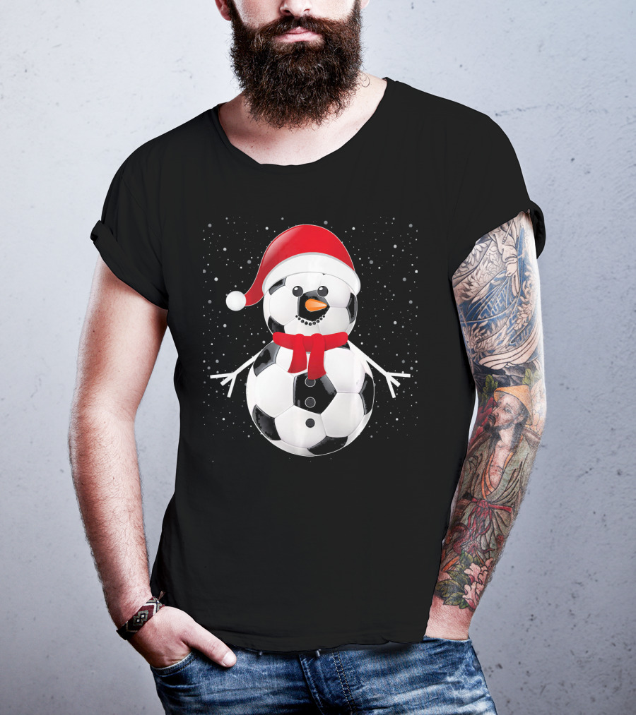 Soccer Football Snowman Santa Hat Scarf Holiday Winter Snowflakes T-Shirt