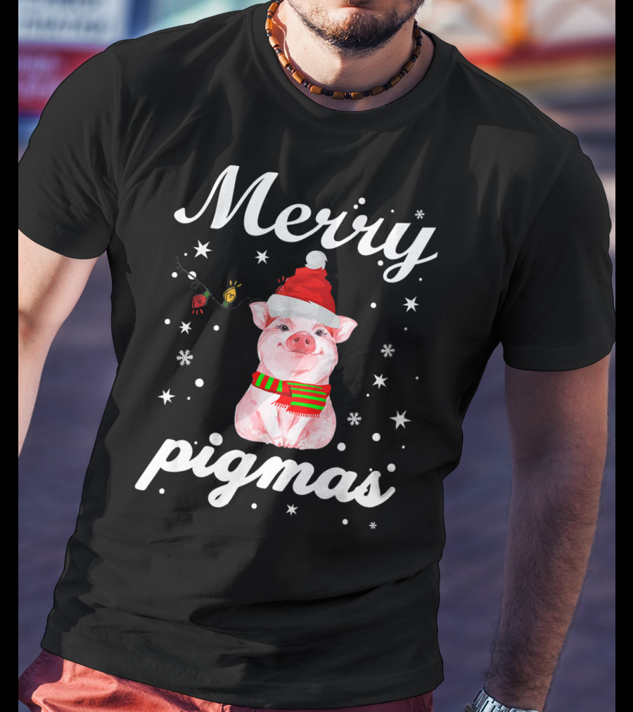 Merry Pigmas Santa Pig With Christmas Lights And Snowflakes T-Shirt