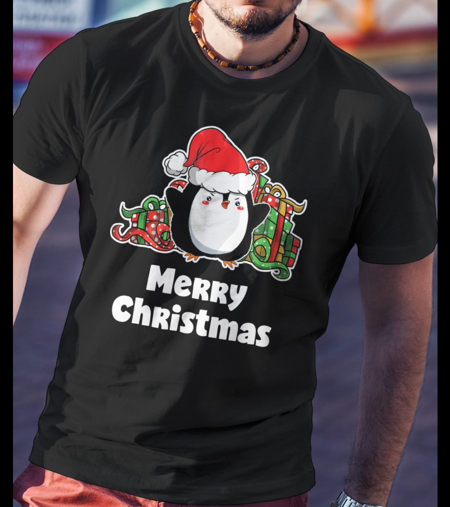 Merry Christmas Penguin Santa Hat Gift Wrapping T-Shirt