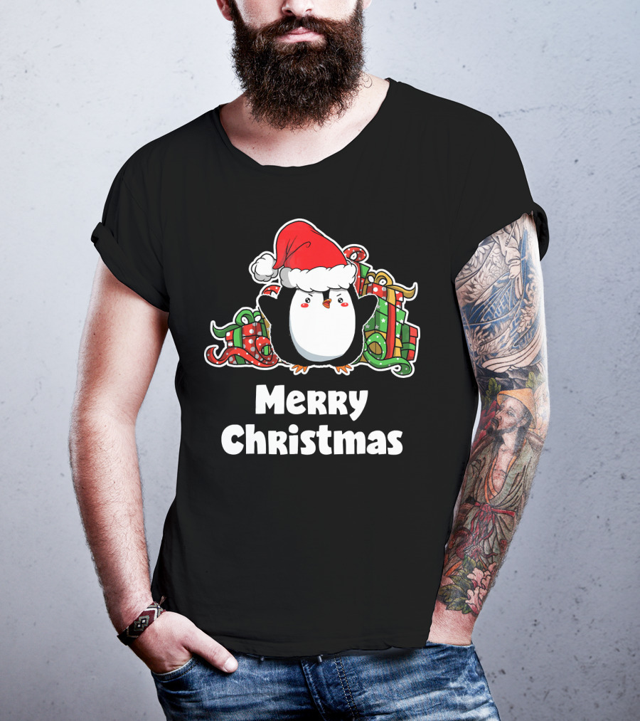 Merry Christmas Penguin Santa Hat Gift Wrapping T-Shirt