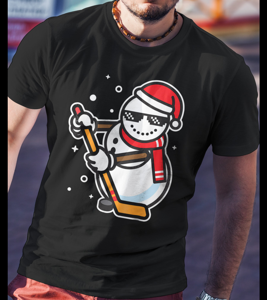 Ice Hockey Player Snowman Funny Boy Cool Nerd Santa T-Shirt